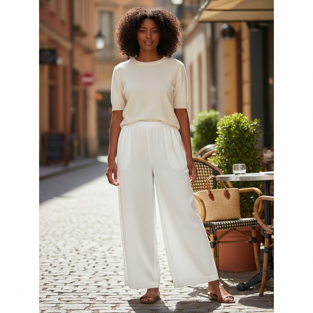 IOS Linen Blend Wide Leg Pants Medium Cream Excellent Elastic Waist 603603
